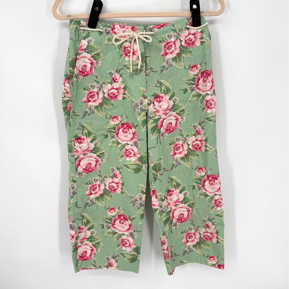 Ralph Lauren Vintage Cabbage Rose Capri Pants Sage Green Rope Belt  Size 6P Y2K